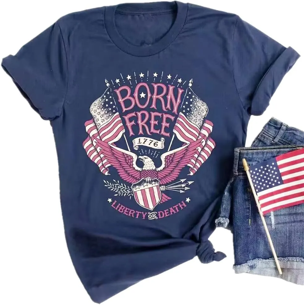 4th of July Shirts Women American Flag Patriotic T-Shirts USA Star Stripes Graphic Tee Tops