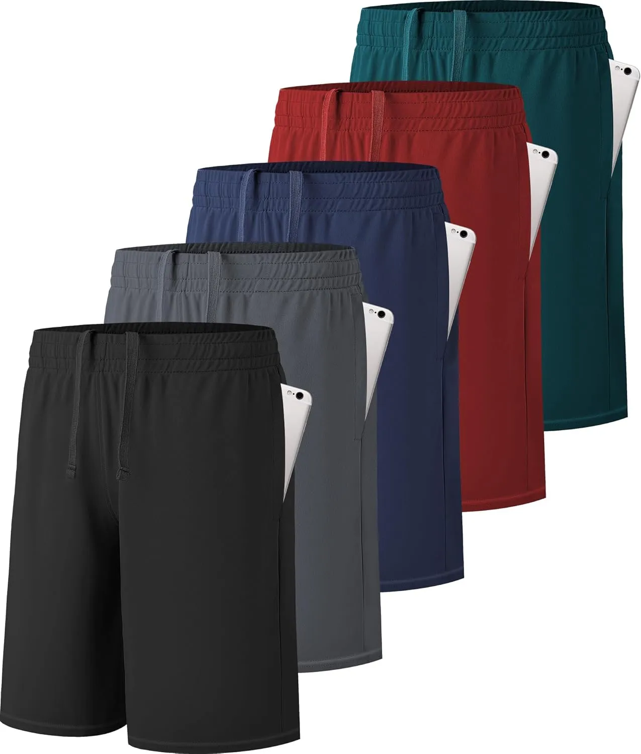 5 Pack Boys Athletic Shorts Active Performance Youth Kids Basketball Shorts Quick Dry with Elastic Waist Pockets