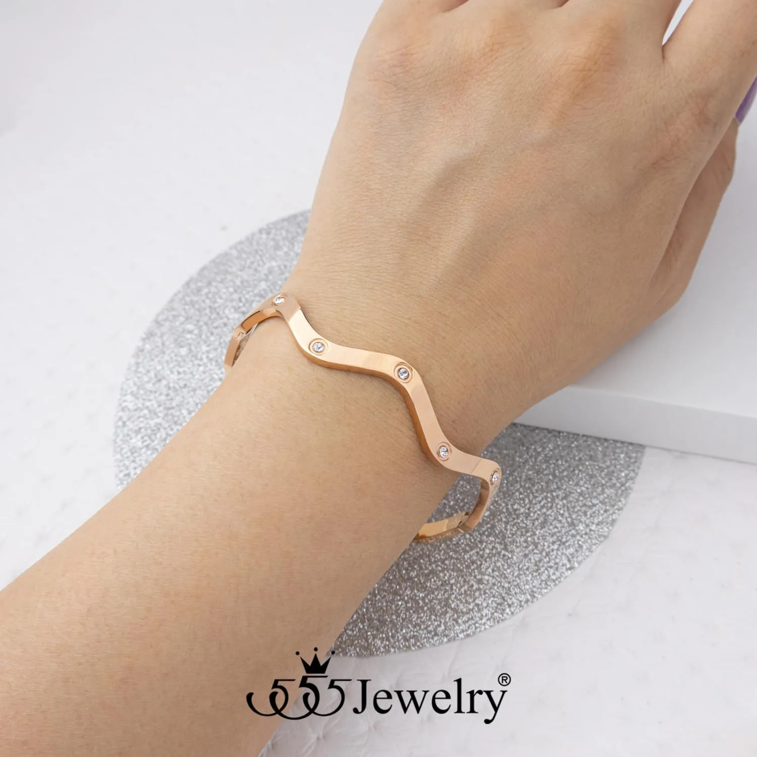 555Jewelry 4MM Wide Stainless Steel Bangle Bracelets for Women Chunky Wave Bracelet For Women Cubic Zirconia Hinged Arm Wrist Cuff
