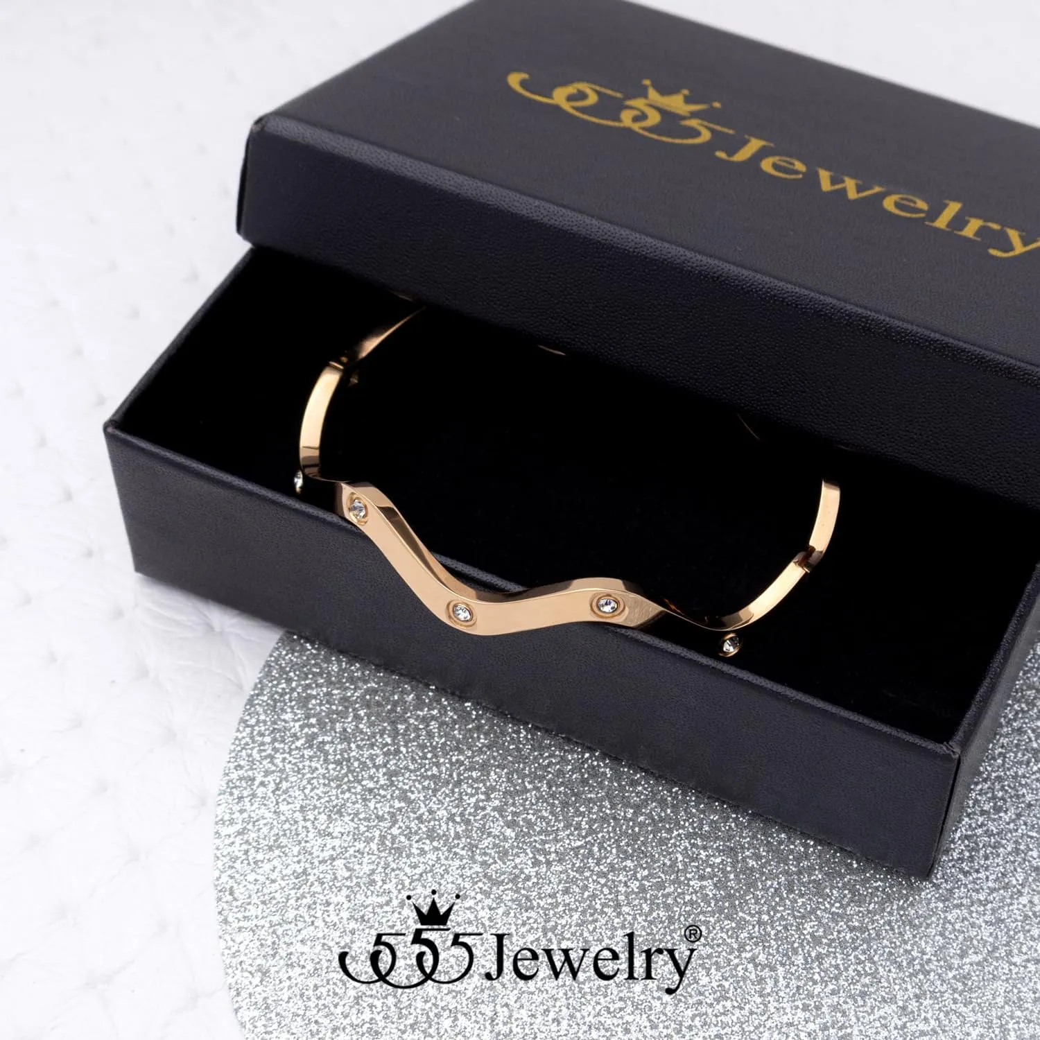 555Jewelry 4MM Wide Stainless Steel Bangle Bracelets for Women Chunky Wave Bracelet For Women Cubic Zirconia Hinged Arm Wrist Cuff