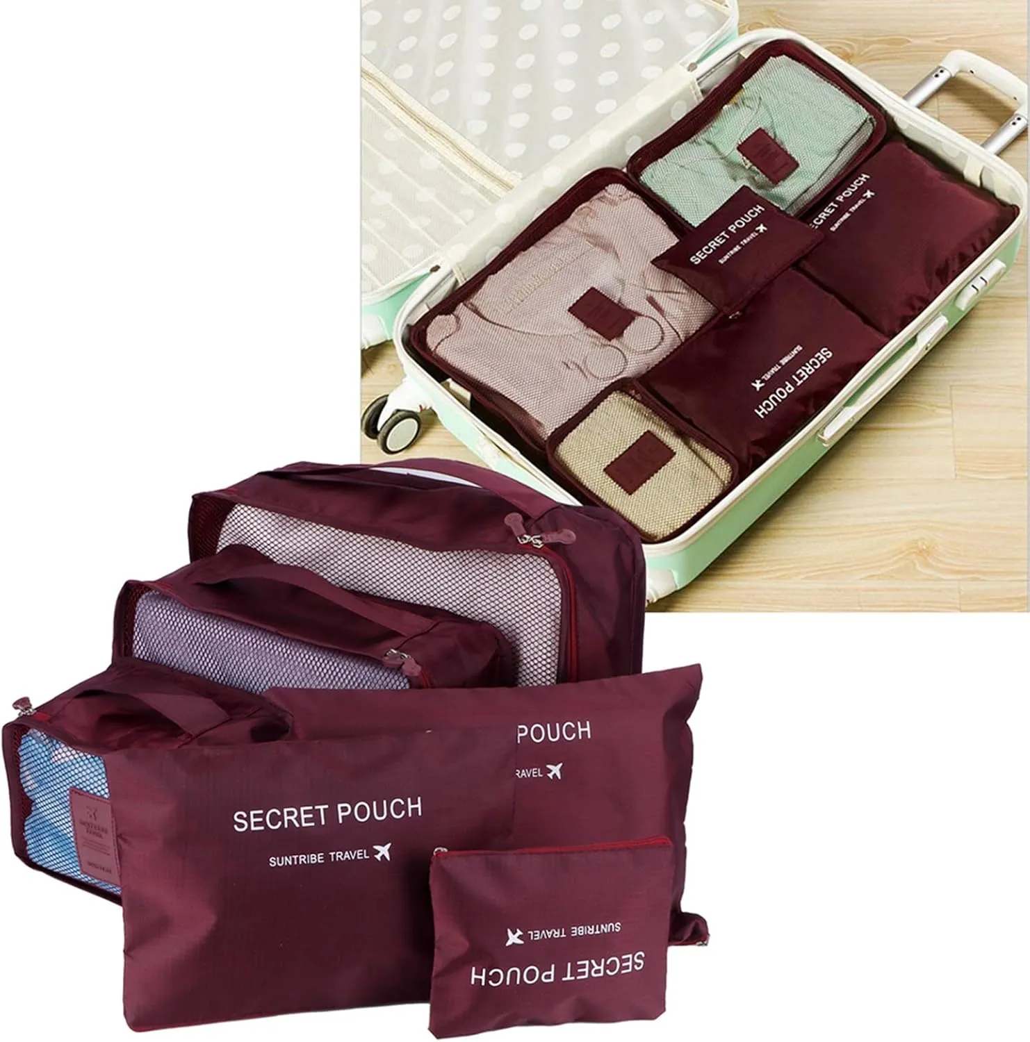6 Set Travel Storage Bags, Multifunctional Travel Luggage Organizer Clothing Sorting Packages Travel Packing Pouches Packing Cubes (Wine Red)