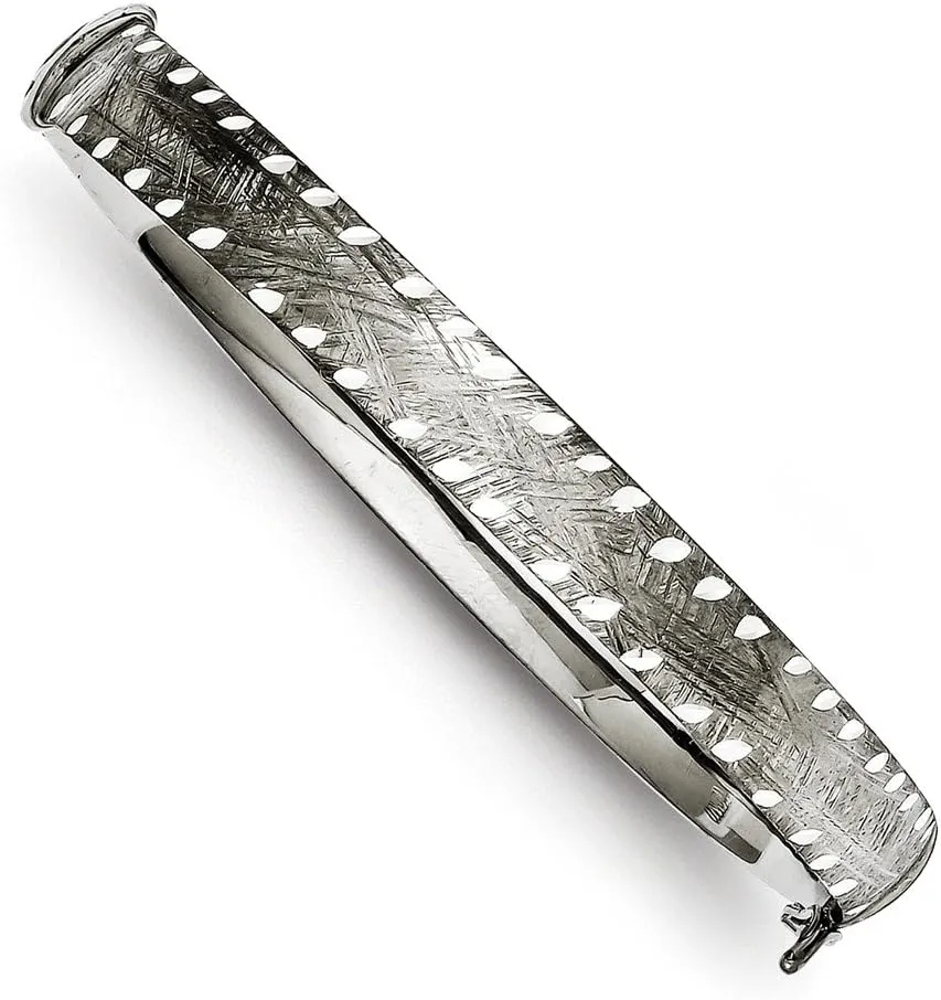925 Sterling Silver 8mm Brushed and Diamond-Cut Hinged Black Bangle Cuff Bracelet