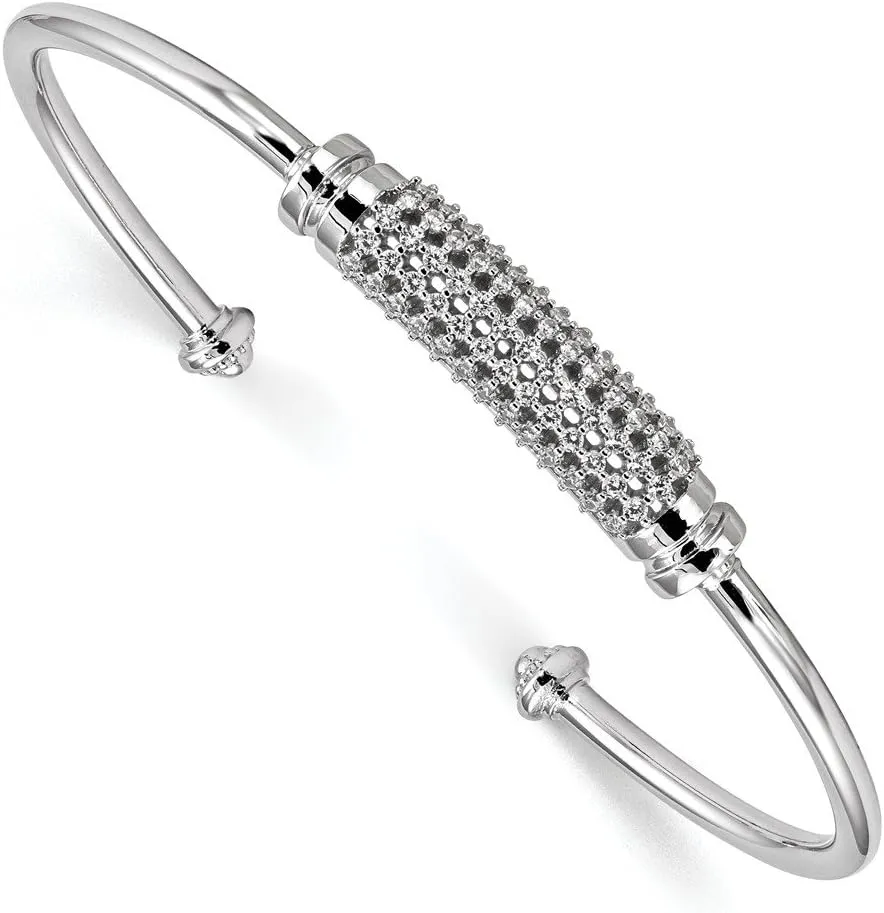 925 Sterling Silver CZ Cubic Zirconia Cuff Bangle Bracelet (Width = 2mm)