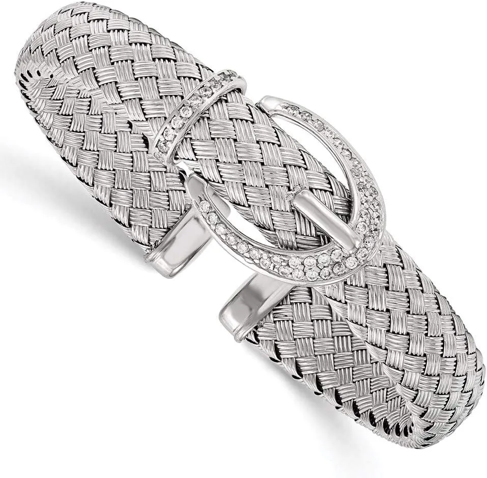 925 Sterling Silver CZ Cubic Zirconia Woven Flexible Cuff Bangle Bracelet