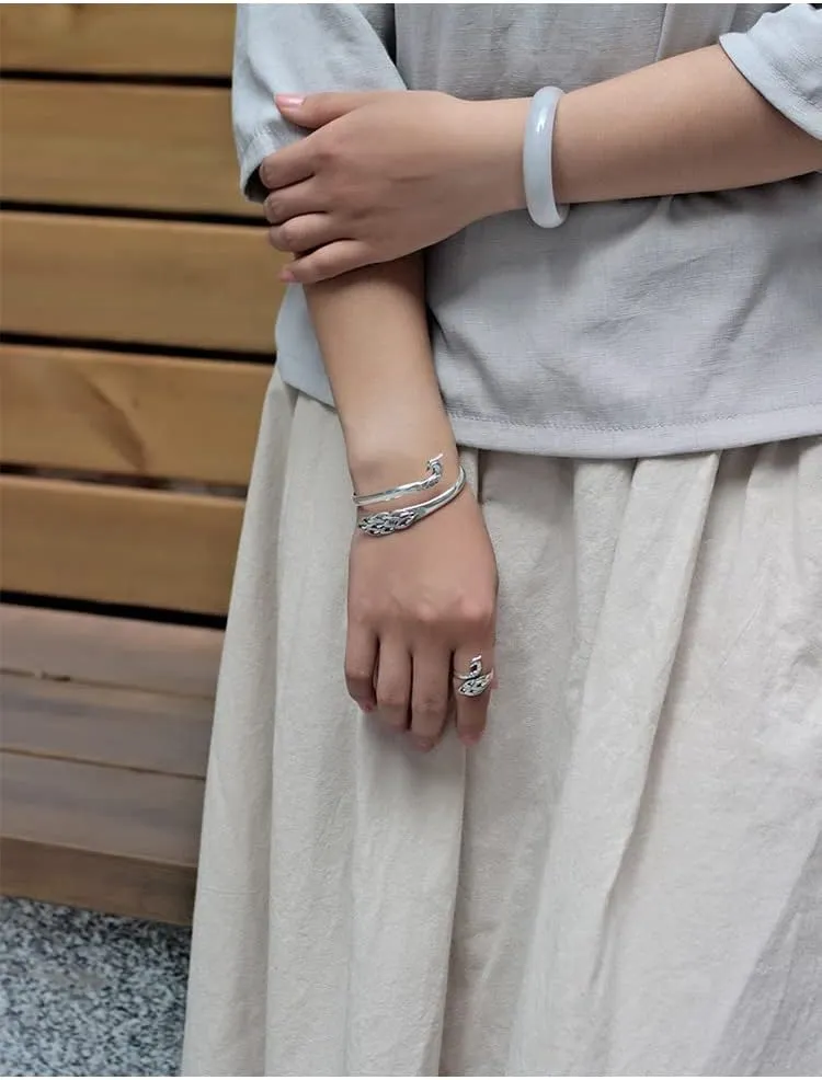 990 Sterling Silver Bracelets And Bangles For Women ~ Phoenix Peacock Opening Adjustable bangle or ring By Fantasy World