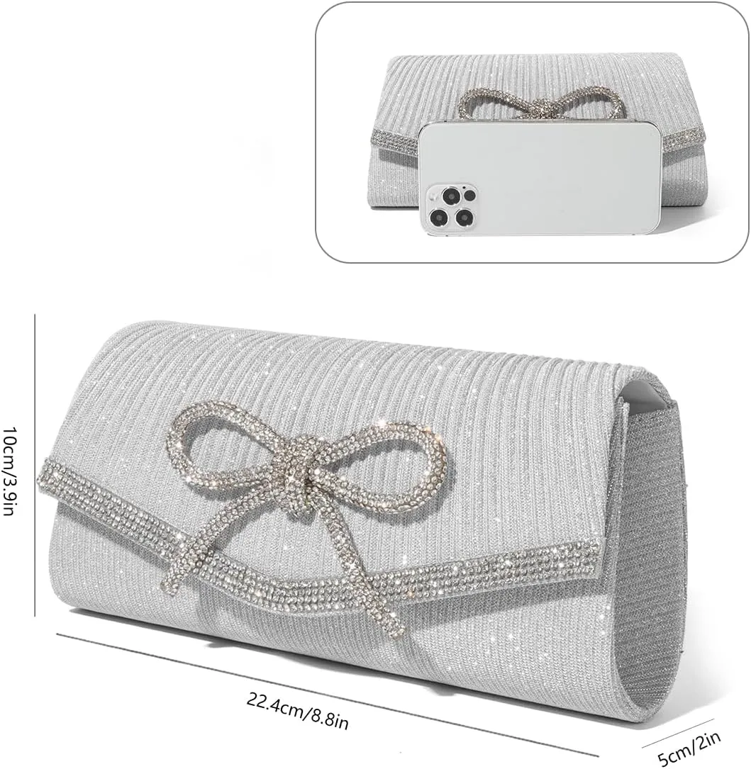 ALUSBELL Elegant Sparkly Bow Evening Bag for Women Glitter Rhinestones Dressy Clutch Purses Handbag for Wedding Party Prom