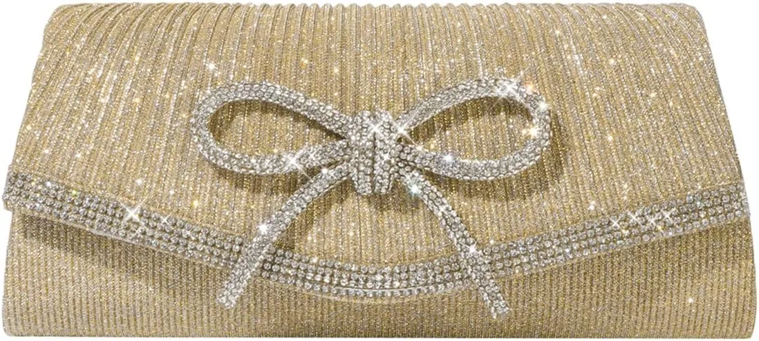 ALUSBELL Elegant Sparkly Bow Evening Bag for Women Glitter Rhinestones Dressy Clutch Purses Handbag for Wedding Party Prom