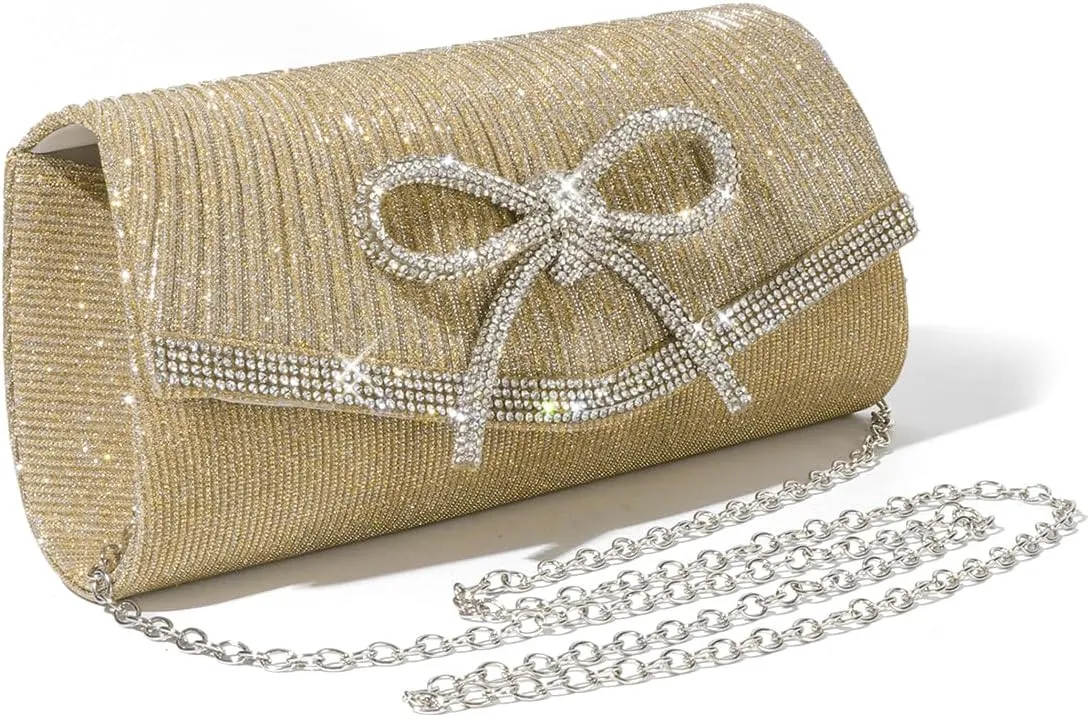 ALUSBELL Elegant Sparkly Bow Evening Bag for Women Glitter Rhinestones Dressy Clutch Purses Handbag for Wedding Party Prom