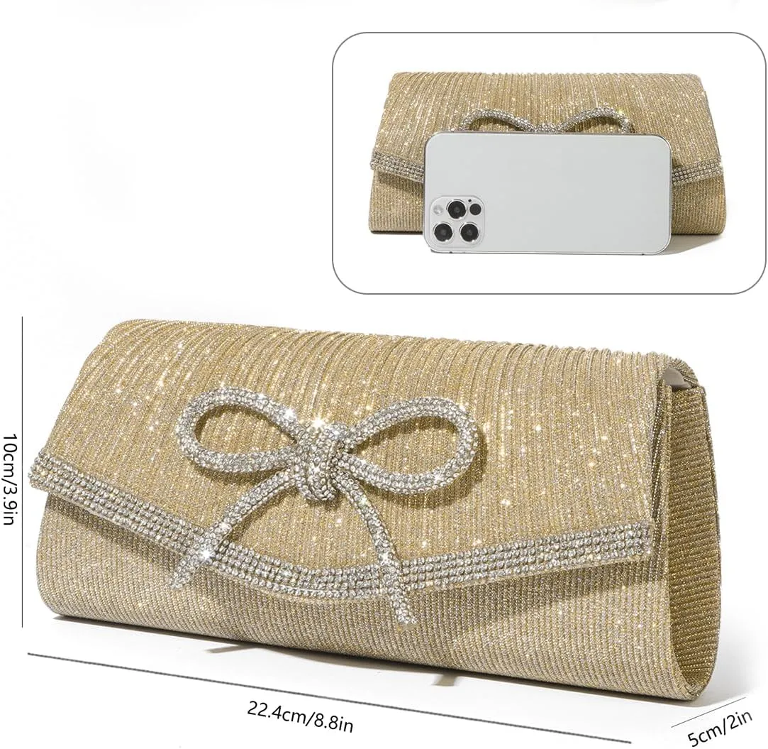 ALUSBELL Elegant Sparkly Bow Evening Bag for Women Glitter Rhinestones Dressy Clutch Purses Handbag for Wedding Party Prom