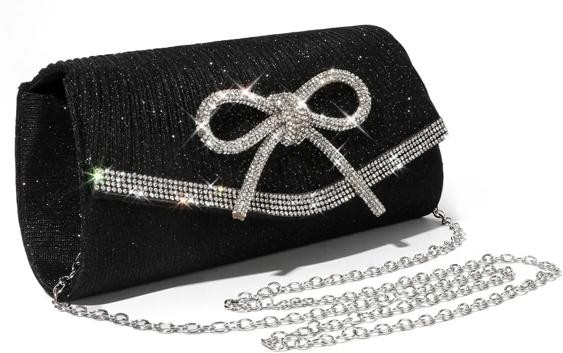 ALUSBELL Elegant Sparkly Bow Evening Bag for Women Glitter Rhinestones Dressy Clutch Purses Handbag for Wedding Party Prom