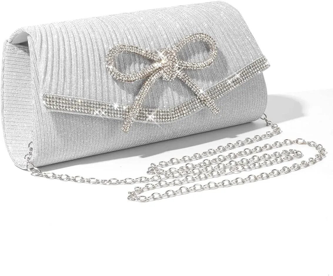 ALUSBELL Elegant Sparkly Bow Evening Bag for Women Glitter Rhinestones Dressy Clutch Purses Handbag for Wedding Party Prom