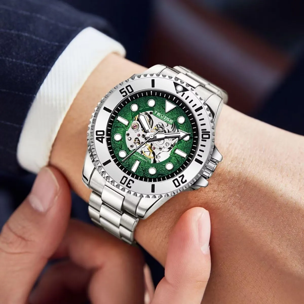 Automatic Skeleton Watches for Men Mechanical Wrist Watches Business Stainless Steel Waterproof Clock