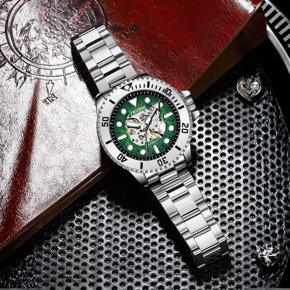 Automatic Skeleton Watches for Men Mechanical Wrist Watches Business Stainless Steel Waterproof Clock