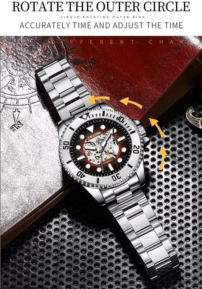 Automatic Skeleton Watches for Men Mechanical Wrist Watches Business Stainless Steel Waterproof Clock