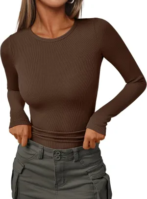 AUTOMET Womens Ribbed Shirts Crewneck Fitted Tops Casual Underscrubs Layer Slim Basic T-Shirts