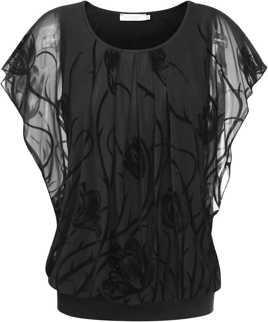 BAISHENGGT Womens Summer Tops Flutter Short Sleeve Pleated Front Mesh Shirts Dressy Casual Blouses