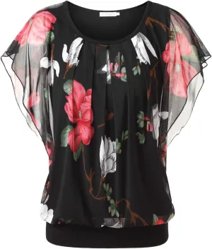 BAISHENGGT Womens Summer Tops Flutter Short Sleeve Pleated Front Mesh Shirts Dressy Casual Blouses