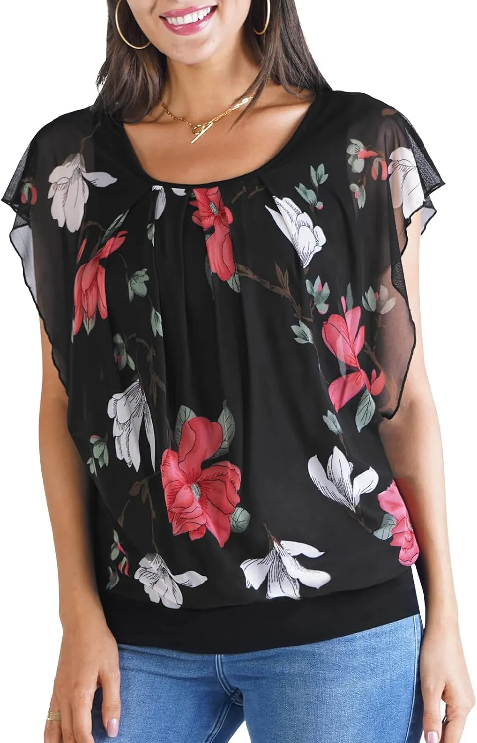 BAISHENGGT Womens Summer Tops Flutter Short Sleeve Pleated Front Mesh Shirts Dressy Casual Blouses