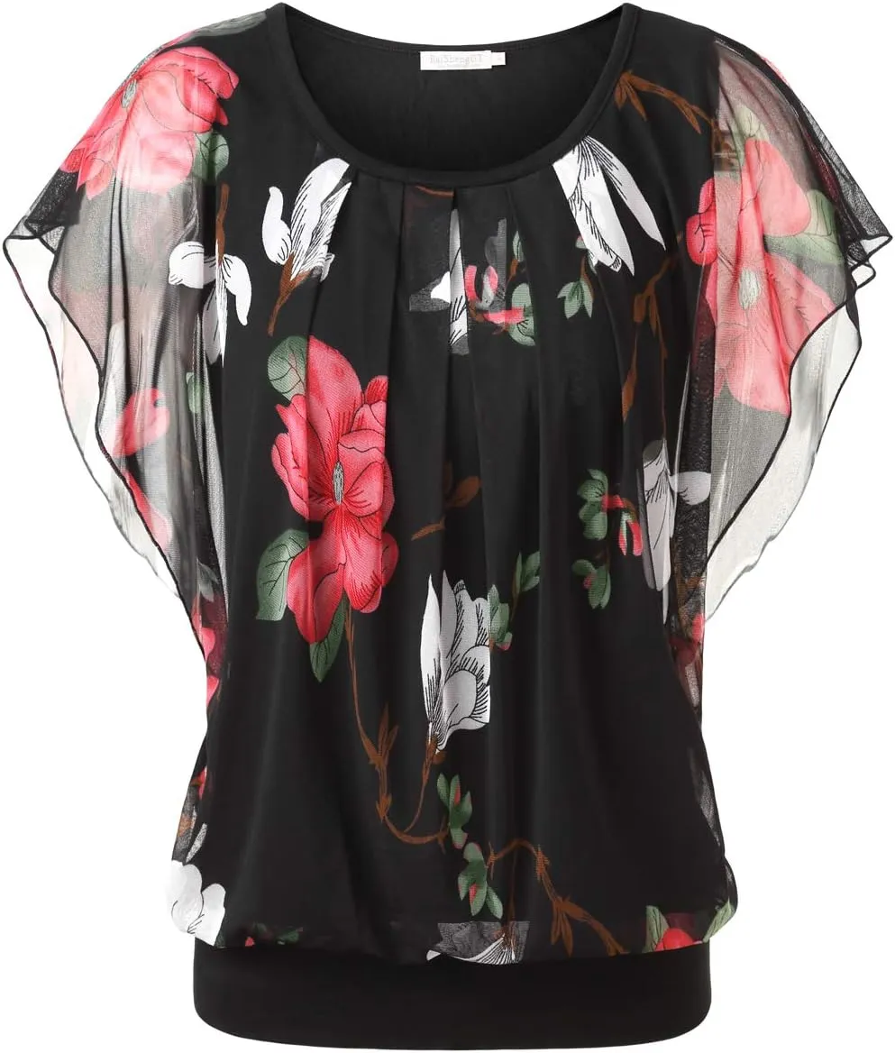 BAISHENGGT Womens Summer Tops Flutter Short Sleeve Pleated Front Mesh Shirts Dressy Casual Blouses