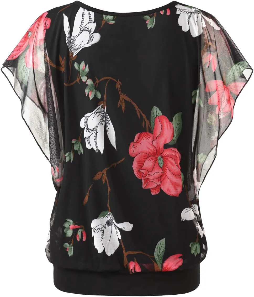 BAISHENGGT Womens Summer Tops Flutter Short Sleeve Pleated Front Mesh Shirts Dressy Casual Blouses