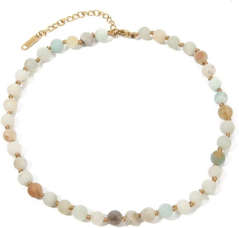 BALIBALI Semi Precious Stone Beaded Choker Necklace 14K Gold Plated Natural Stone Double Strand Necklace Layered Short Necklaces