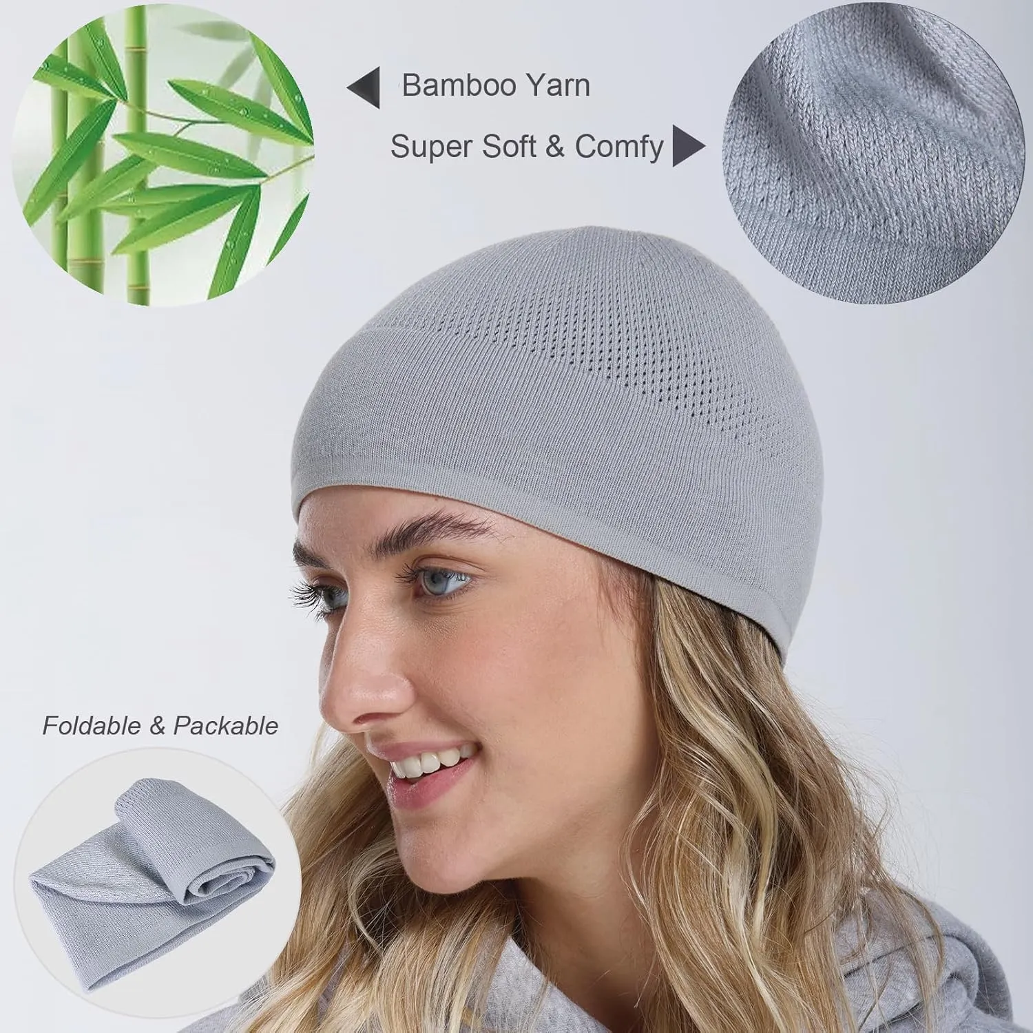Bamboo Lightweight Skull Cap Beanie Hat for Men Women, Soft and Comfy Sleep Cap Watch Hat