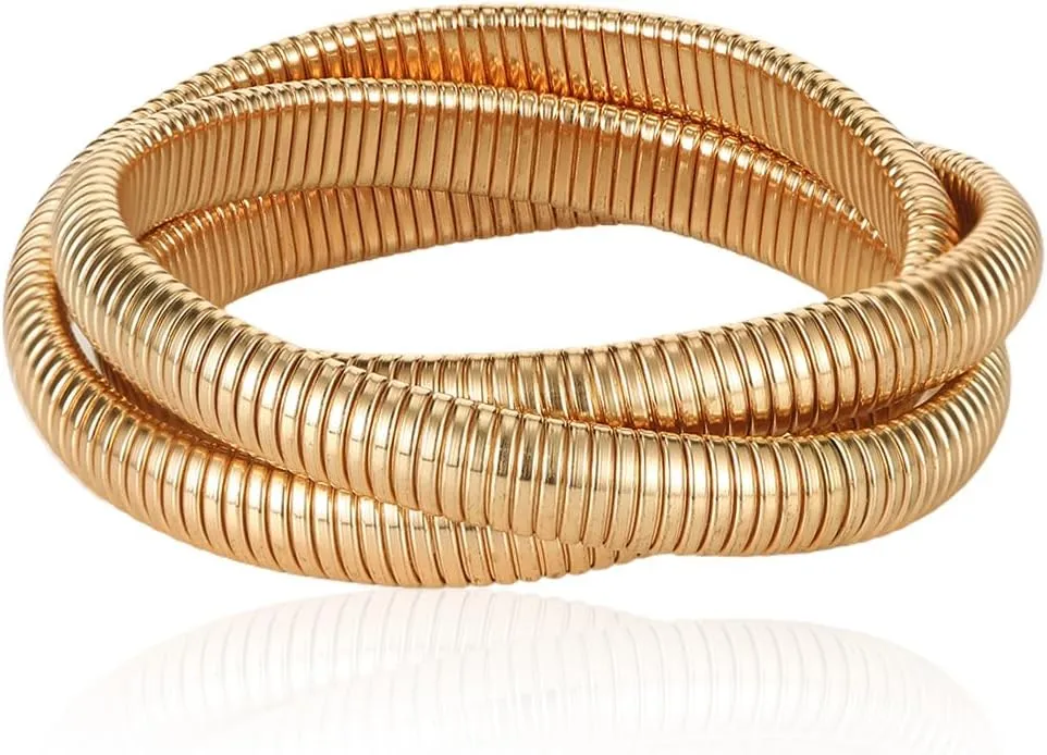 Bangles for Women Chunky Stretch Bangles Bracelets Set Plated Stainless Steel Link Chain Bracelets Flexible Wide Wristband Set of 3 Jewelry for Women