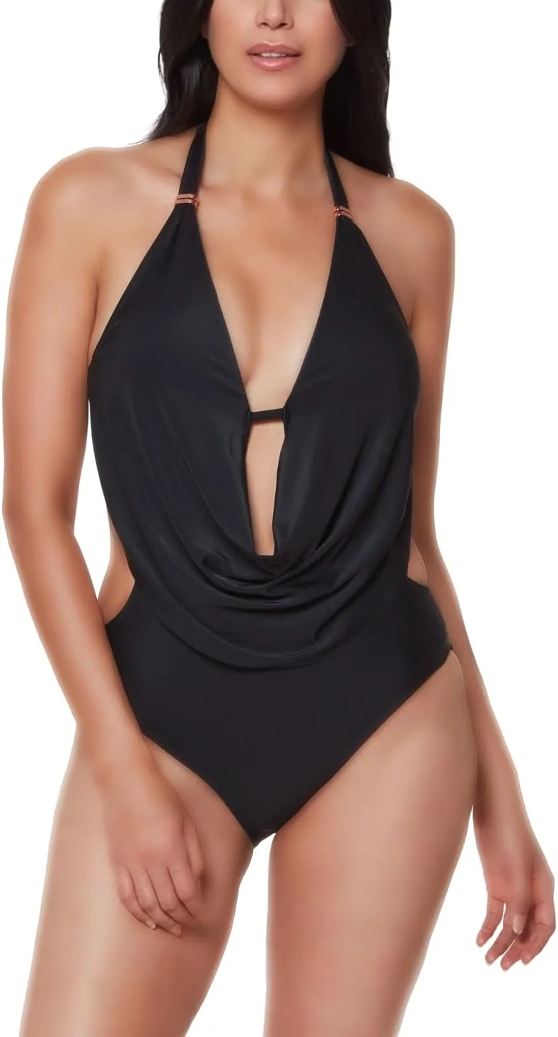 Bar III Women's Solid Cowlneck One-Piece Swimsuit (Black, Small)