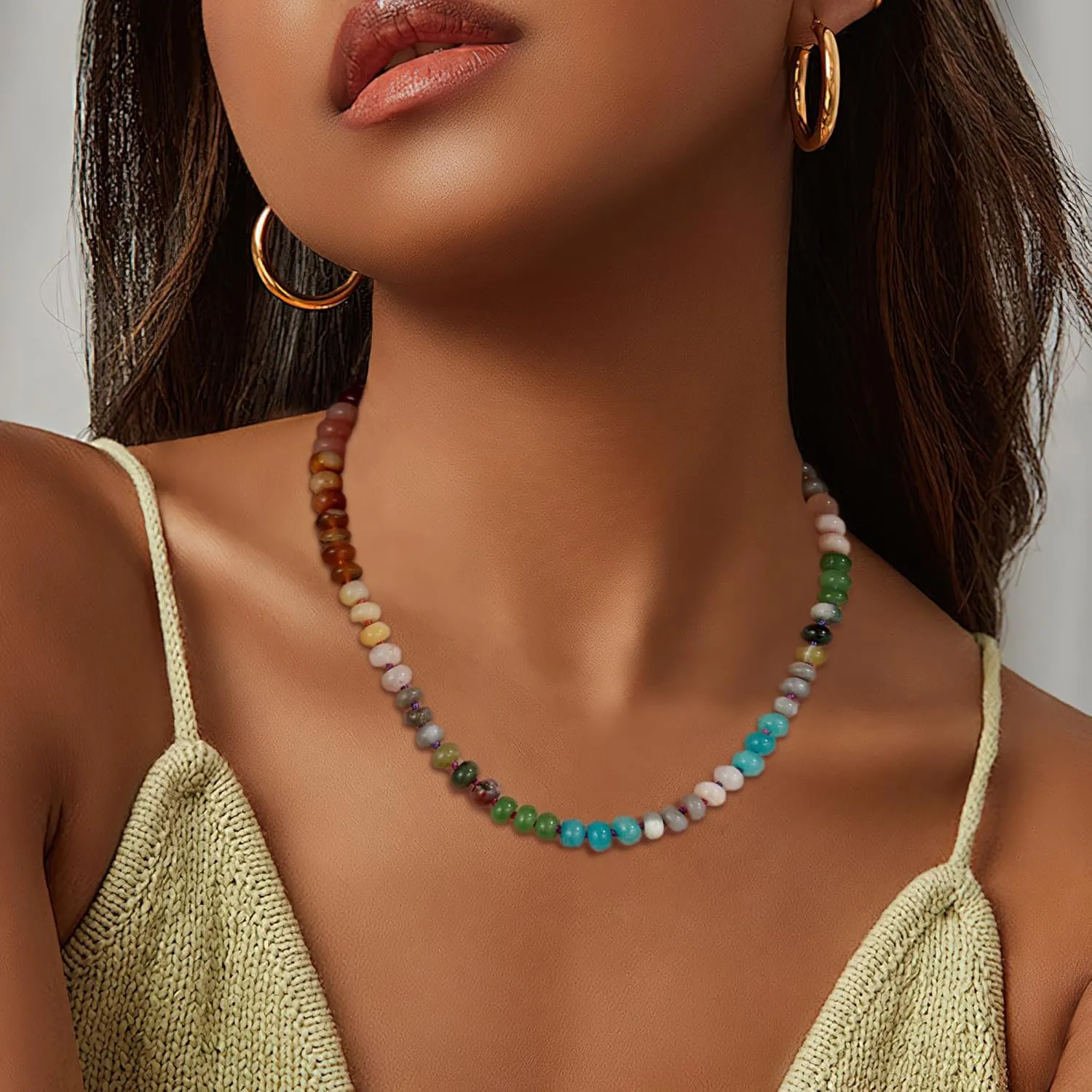 Beaded Gemstone Necklace for Women Boho Colorful Natural Stone Bead Necklaces