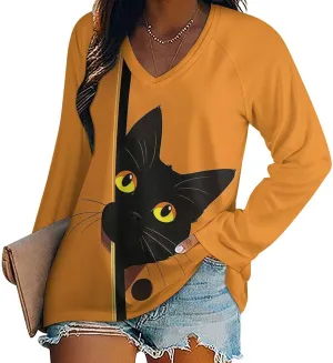 Bengbobar Funny Cat Shirts for Women Women's Black Cat T Shirt Pullover Cute Cat Lover 3D Graphic Print Sweatshirts Fall Tops