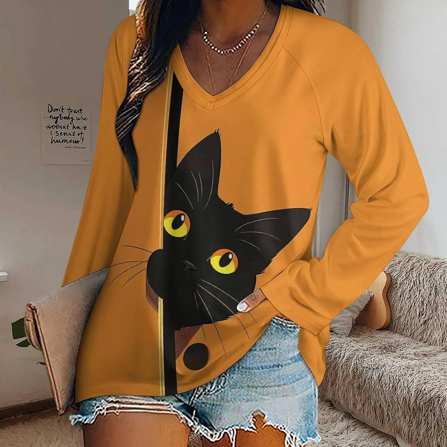 Bengbobar Funny Cat Shirts for Women Women's Black Cat T Shirt Pullover Cute Cat Lover 3D Graphic Print Sweatshirts Fall Tops