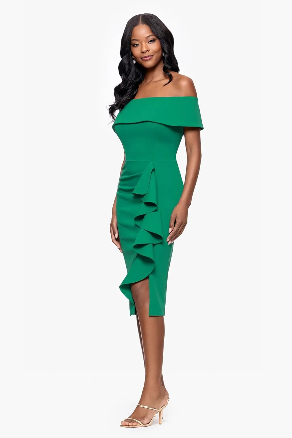 Betsy & Adam Women's Midi-Length, Off-The-Shoulder, Ruffled Detail, with Fitted Silhouette