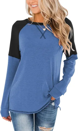 Bingerlily Women's Casual Long Sleeve Tunic Tops Crew Neck Color Block Blouse