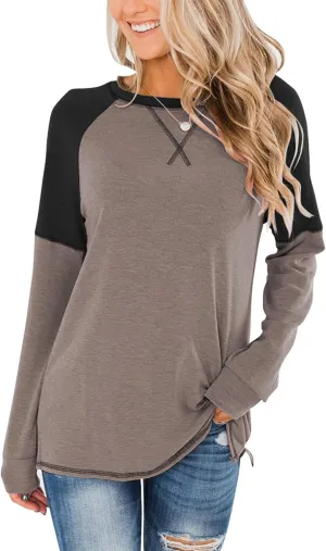 Bingerlily Women's Casual Long Sleeve Tunic Tops Crew Neck Color Block Blouse