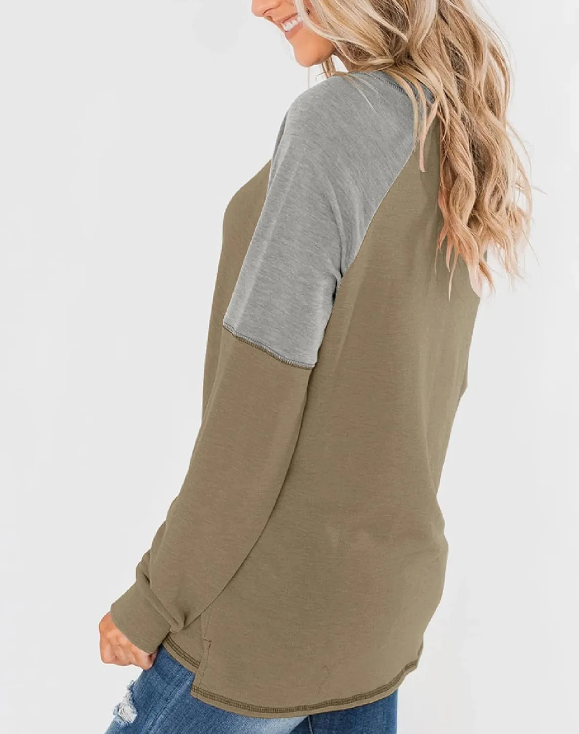 Bingerlily Women's Casual Long Sleeve Tunic Tops Crew Neck Color Block Blouse