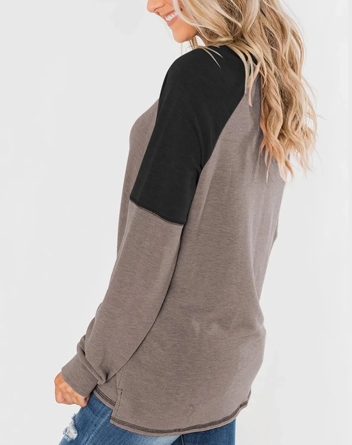 Bingerlily Women's Casual Long Sleeve Tunic Tops Crew Neck Color Block Blouse