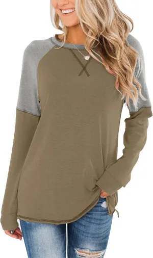 Bingerlily Women's Casual Long Sleeve Tunic Tops Crew Neck Color Block Blouse