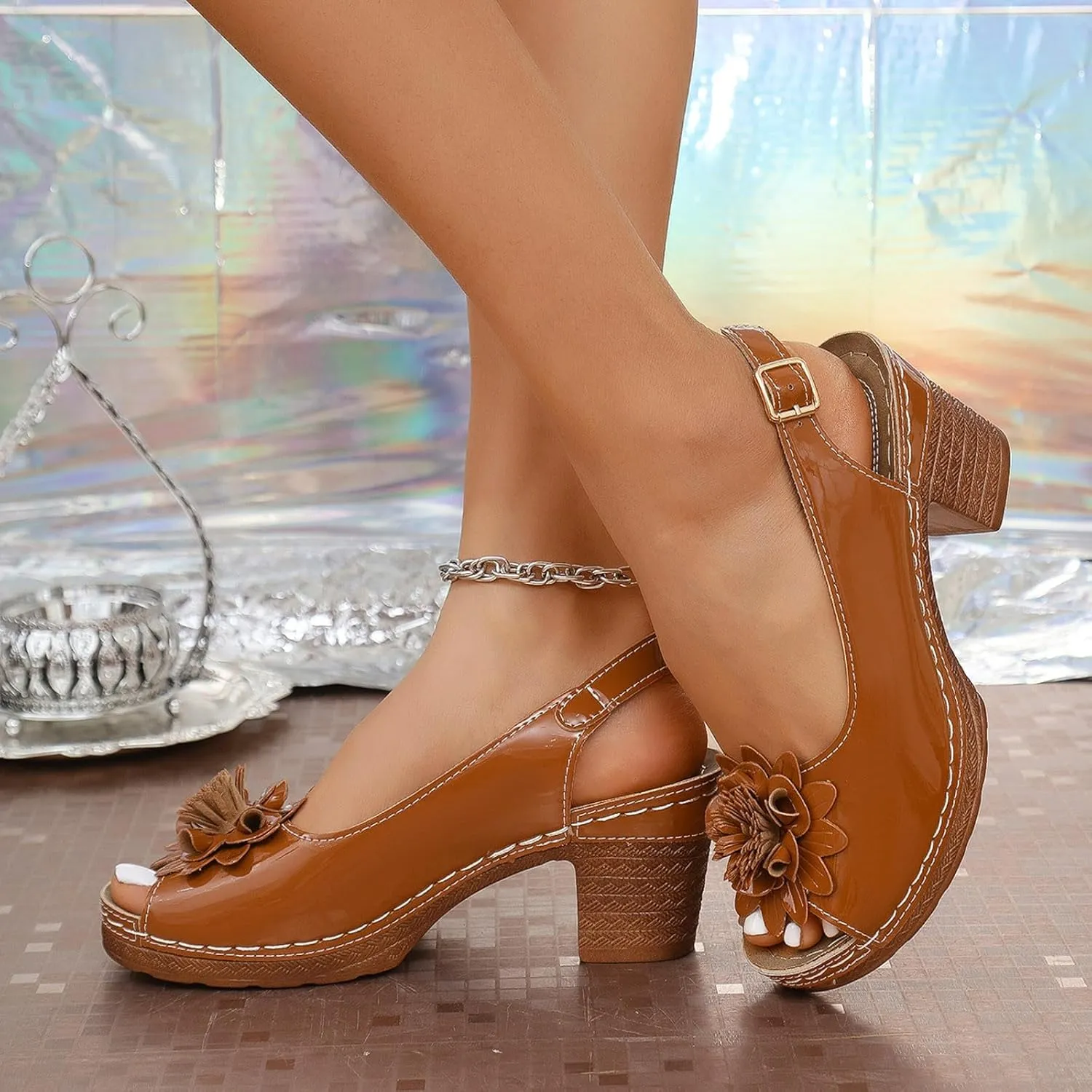 Block Heel Sandals for Women 2025 Comfortable Dressy Slingback Peep Toe Adjustable Strappy Sandals Flower Wedge Heels Summer Walking Shoes