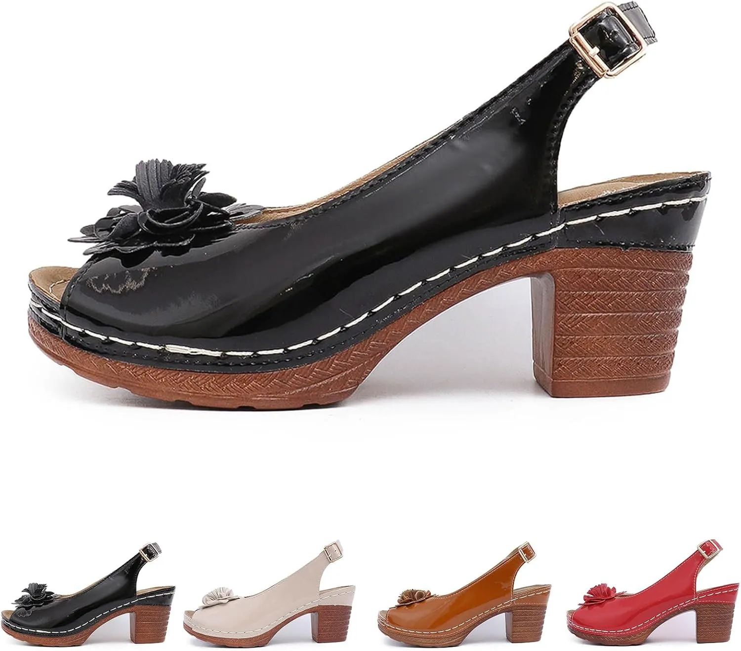 Block Heel Sandals for Women 2025 Comfortable Dressy Slingback Peep Toe Adjustable Strappy Sandals Flower Wedge Heels Summer Walking Shoes