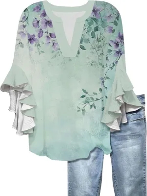 Blouses for Women Dressy Casual 3/4 Length Sleeve Womens Tops V Neck Tshirts with Flared Sleeve