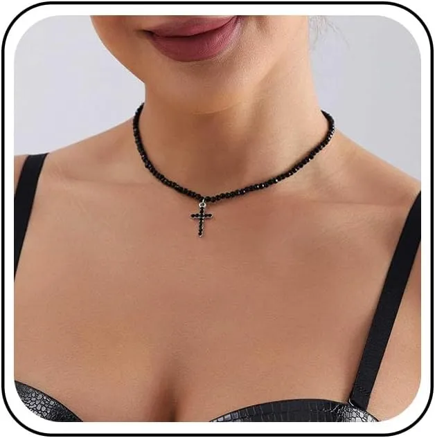 Bohemian Cross Lava Stone Choker Necklace Black Rock Stone Collar Necklace Crystal Cz Cross Crucifix Chain Necklaces Black Onyx Irregular Shape Necklaces Jewelry for Women