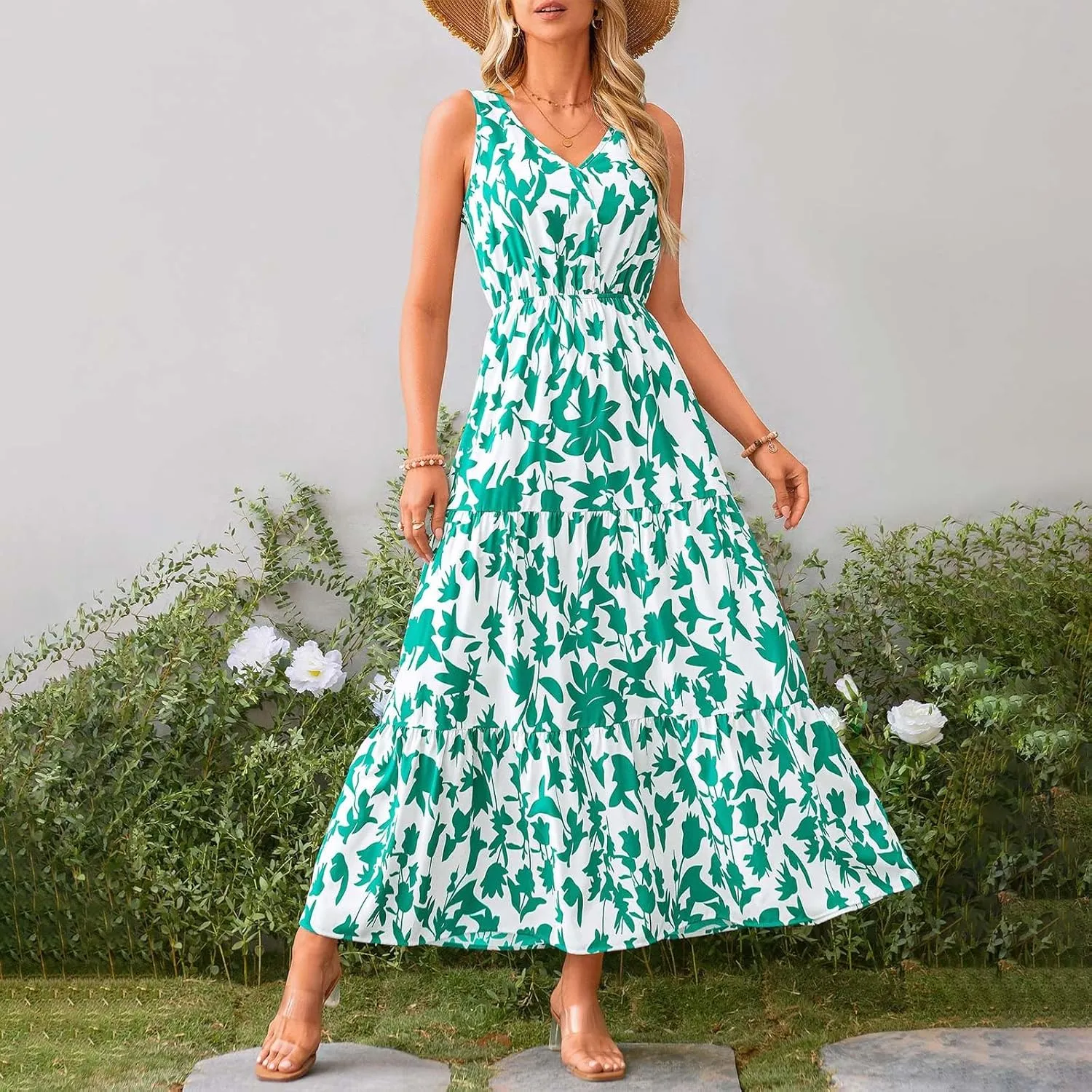 Boho Dresses for Women 2025 Summer Casual Flowy Floral Sleeveless Wrap Empire Waist Pleated Beach A Line Maxi Dresses
