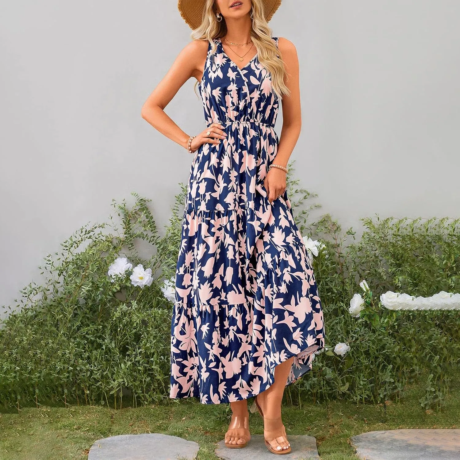 Boho Dresses for Women 2025 Summer Casual Flowy Floral Sleeveless Wrap Empire Waist Pleated Beach A Line Maxi Dresses