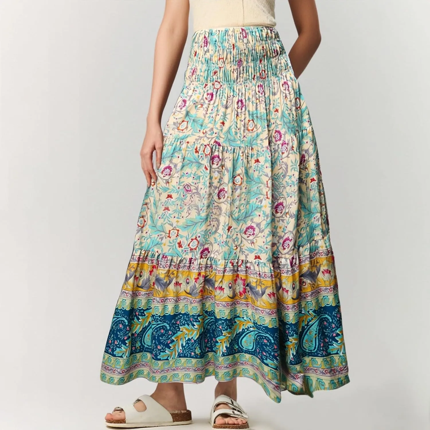 Boho Maxi Skirts for Women 2025 Casual Pleated Long Floral Skirt Smocked High Waisted Hippie Tiered Aline Flowy Skirt
