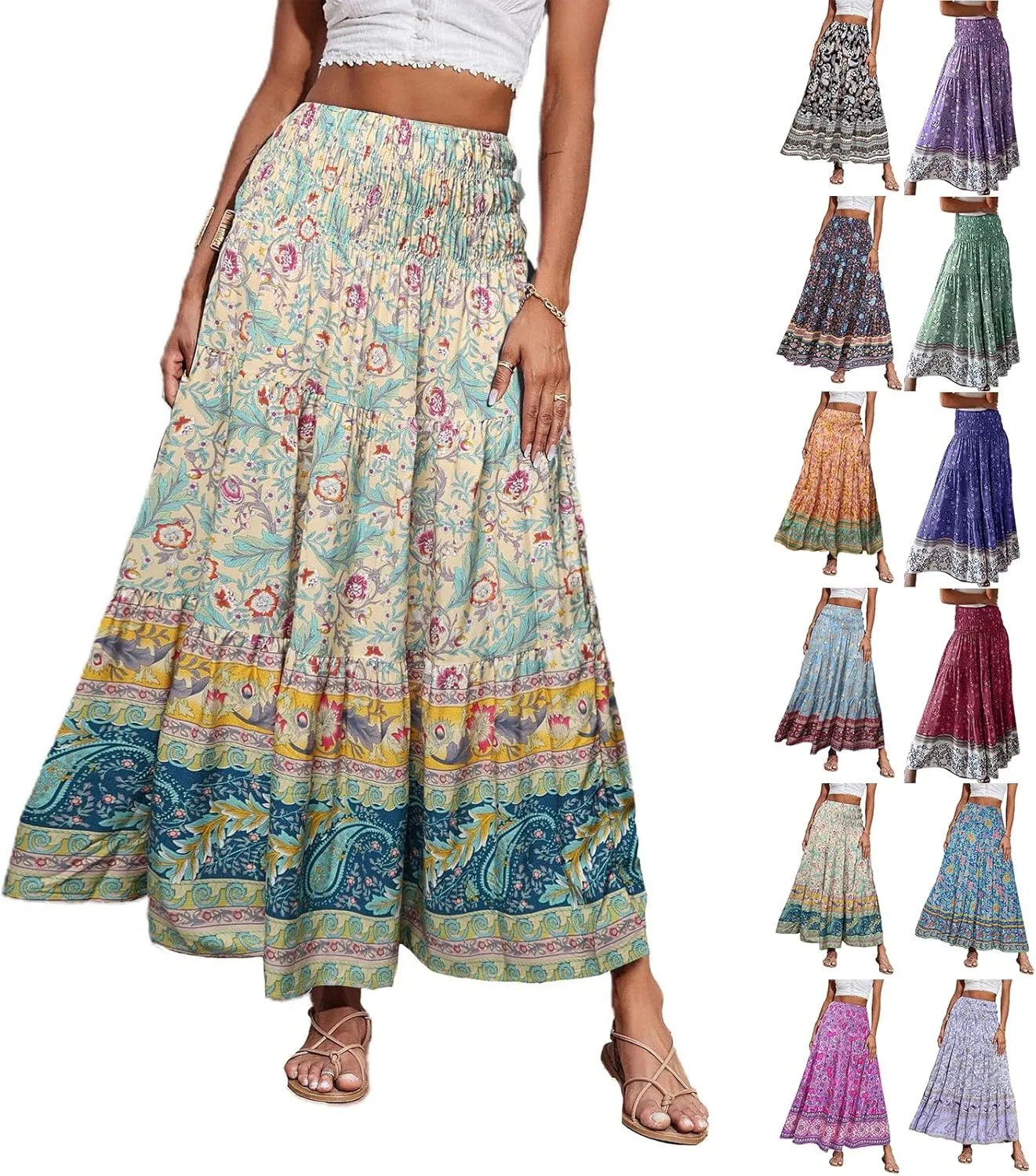 Boho Maxi Skirts for Women 2025 Casual Pleated Long Floral Skirt Smocked High Waisted Hippie Tiered Aline Flowy Skirt