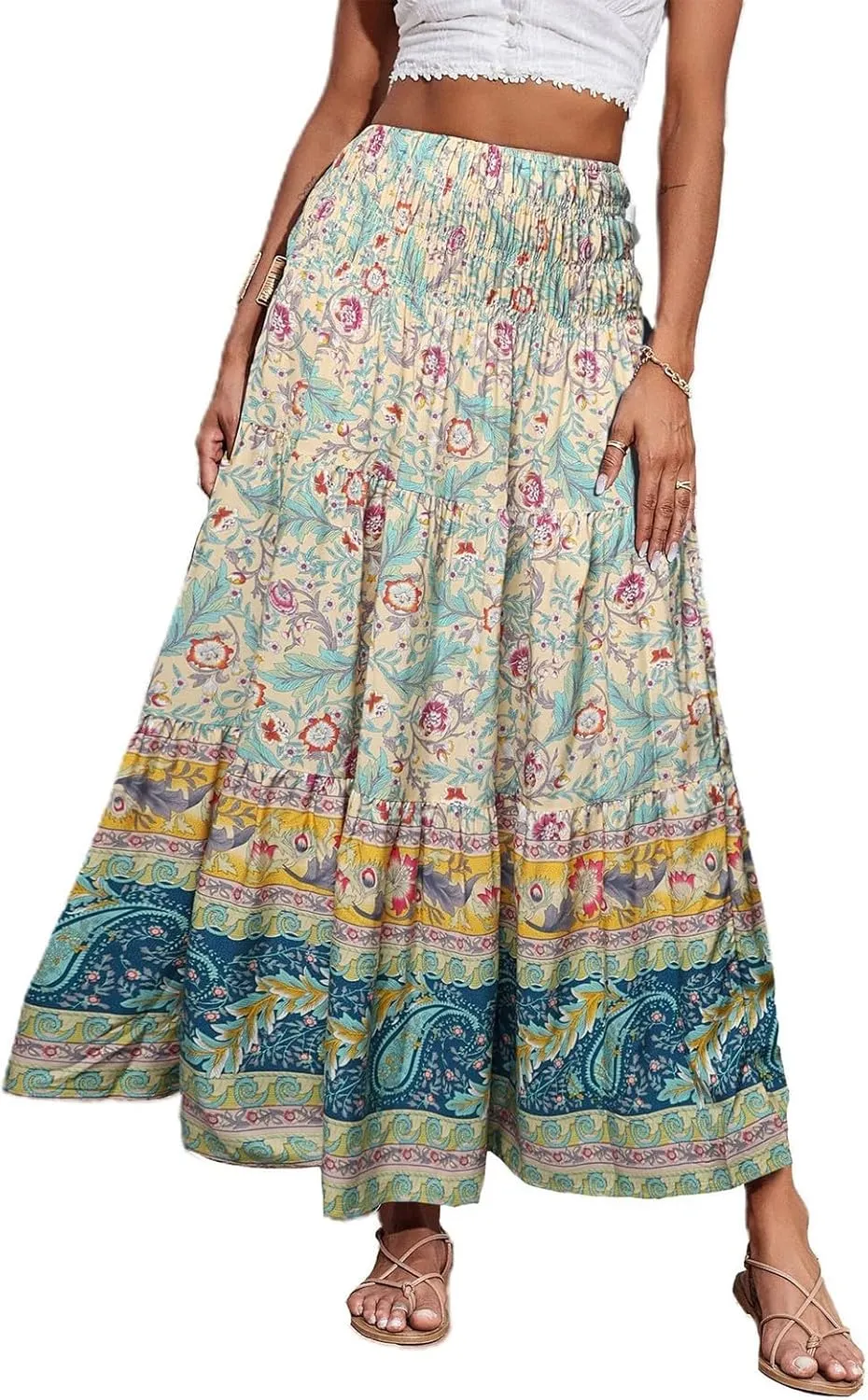 Boho Maxi Skirts for Women 2025 Casual Pleated Long Floral Skirt Smocked High Waisted Hippie Tiered Aline Flowy Skirt
