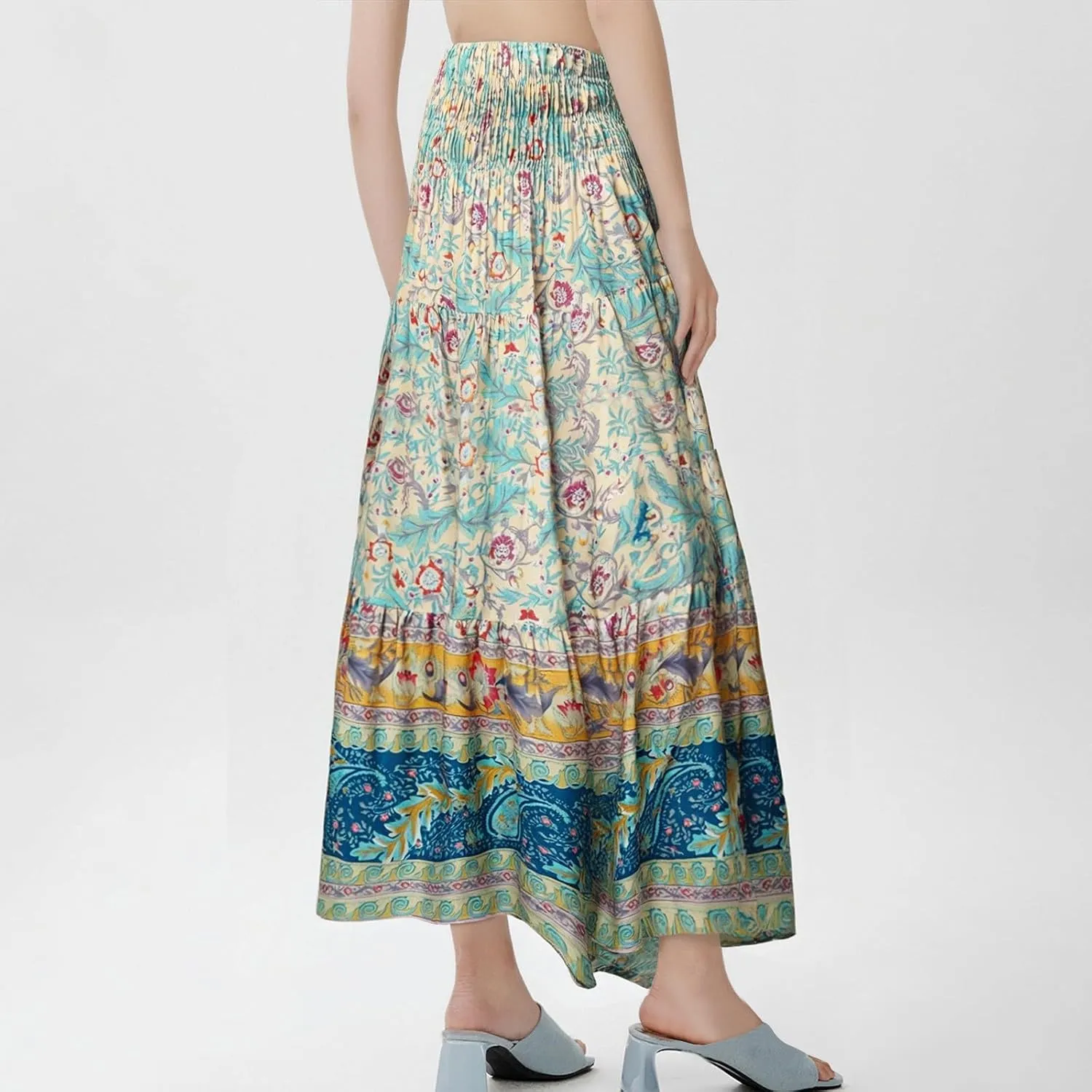 Boho Maxi Skirts for Women 2025 Casual Pleated Long Floral Skirt Smocked High Waisted Hippie Tiered Aline Flowy Skirt