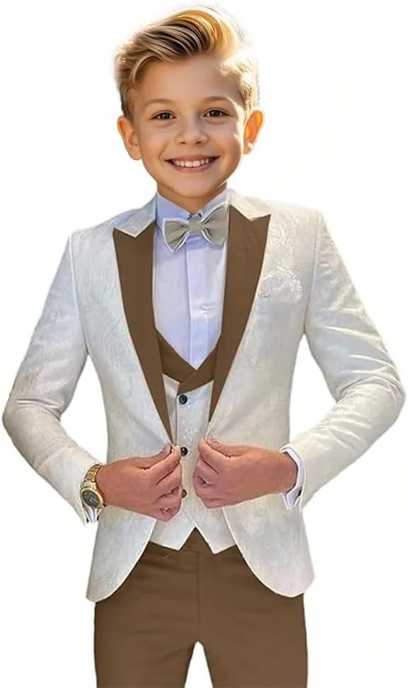 Boys Suit Jacquard Slim Fit Tuxedo Suit 3 Piece Kids Suit for Boys Formal Wedding Suit Blazer Vest Pants Set