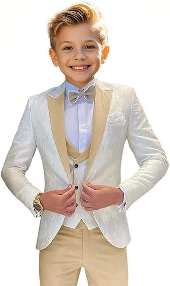 Boys Suit Jacquard Slim Fit Tuxedo Suit 3 Piece Kids Suit for Boys Formal Wedding Suit Blazer Vest Pants Set