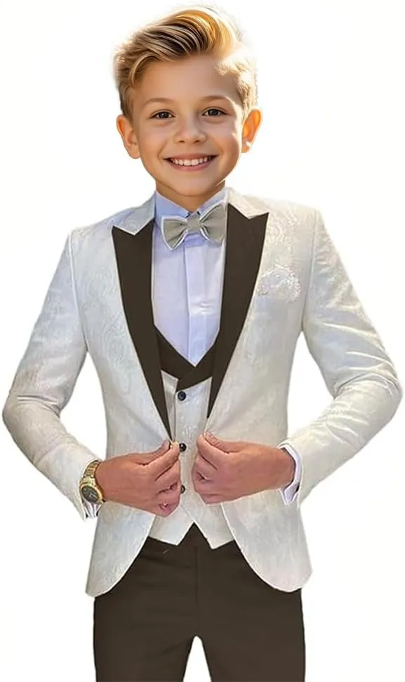 Boys Suit Jacquard Slim Fit Tuxedo Suit 3 Piece Kids Suit for Boys Formal Wedding Suit Blazer Vest Pants Set